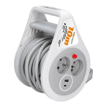 Удължител на макара с 2 гнезда + USB A+C, 10 м