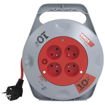 Удължител на макара с 4 гнезда 10m сив/червен