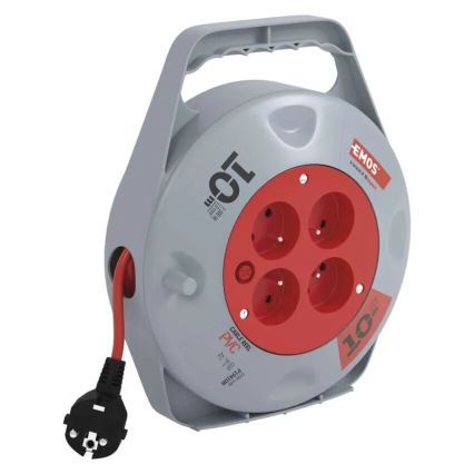 Удължител на макара с 4 гнезда 10m сив/червен