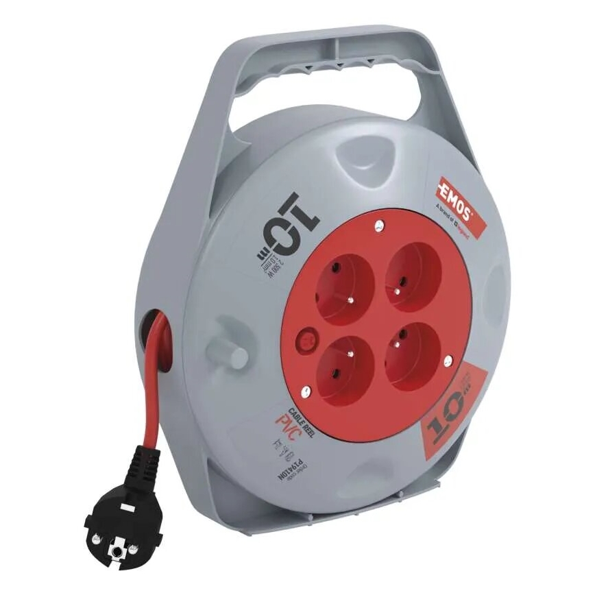 Удължител на макара с 4 гнезда 10m сив/червен