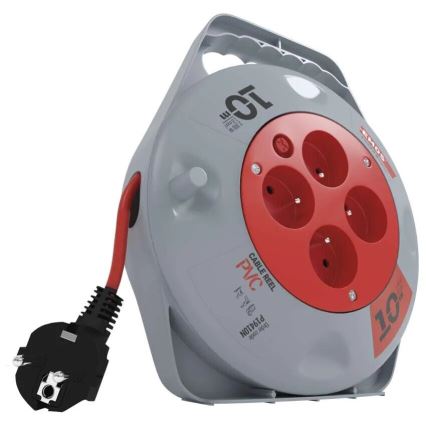 Удължител на макара с 4 гнезда 10m сив/червен