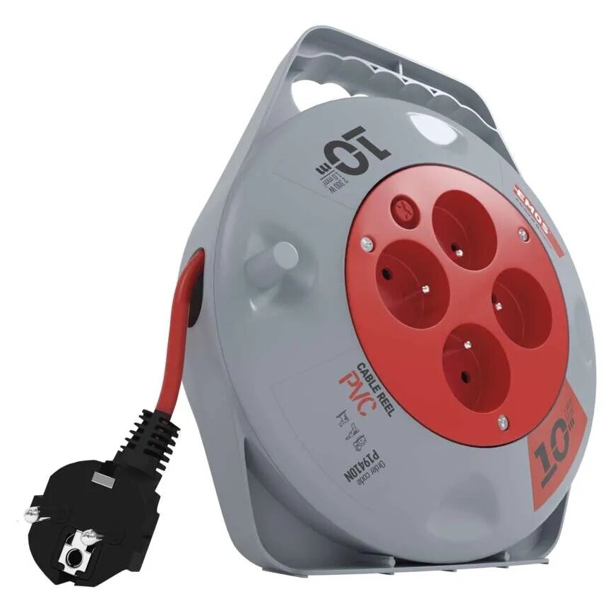 Удължител на макара с 4 гнезда 10m сив/червен