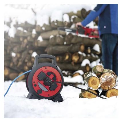 Удължителен кабел на макари 3 гнезда 20м червено/черно IP44