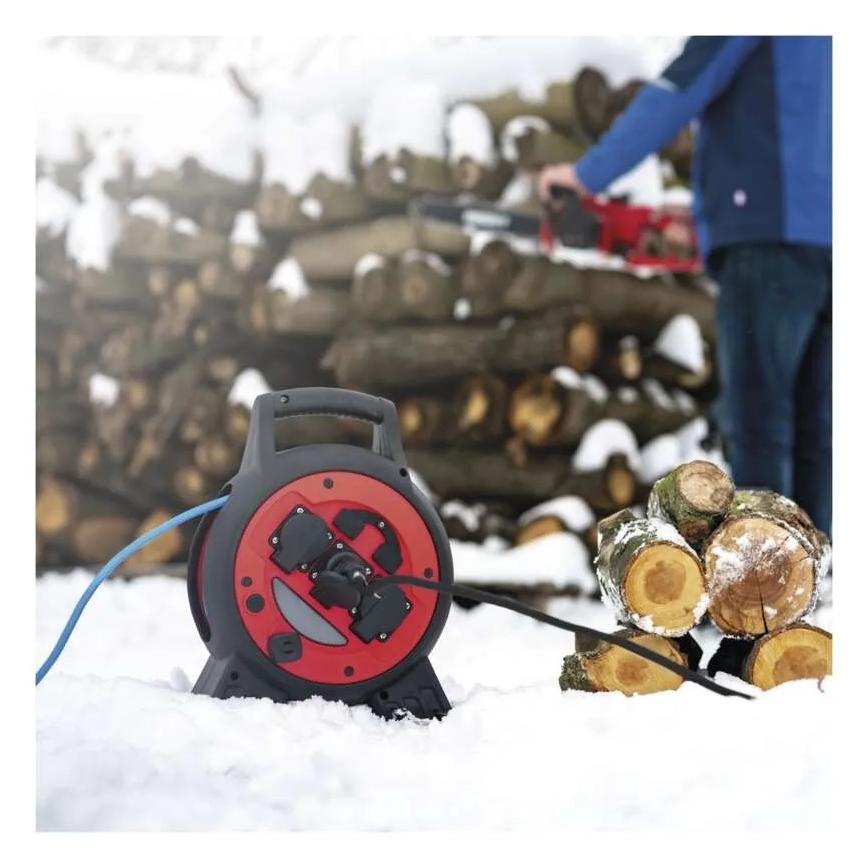 Удължителен кабел на макари 3 гнезда 20м червено/черно IP44