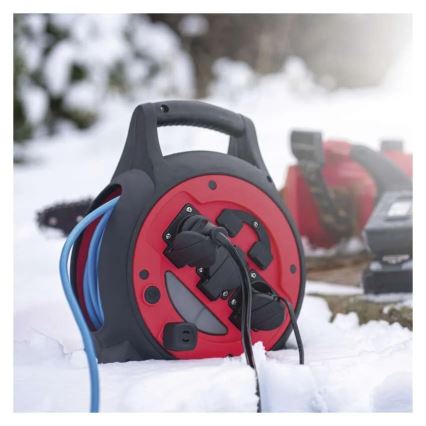 Удължителен кабел на макари 3 гнезда 20м червено/черно IP44