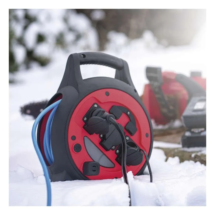 Удължителен кабел на макари 3 гнезда 20м червено/черно IP44