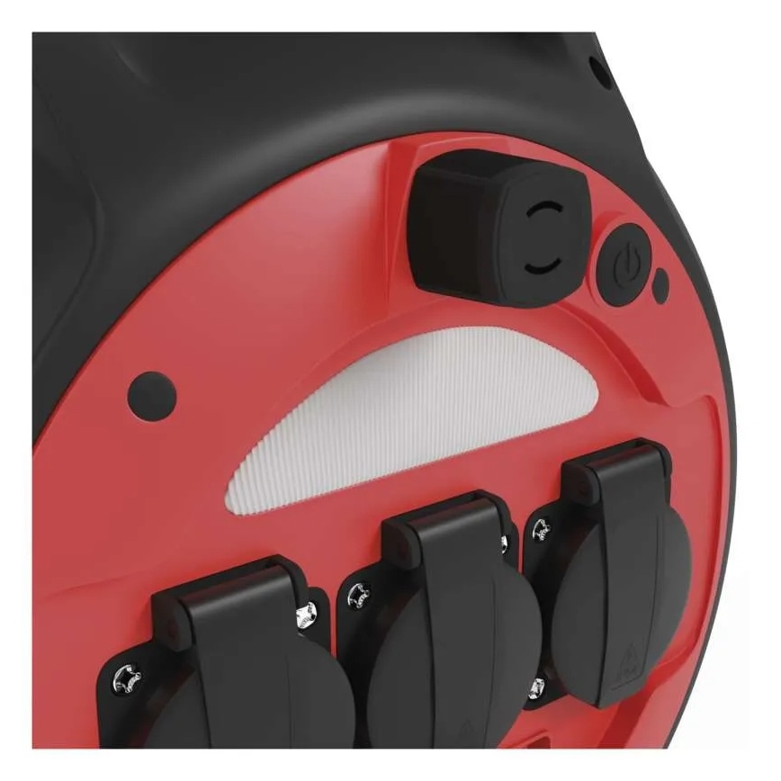 Удължителен кабел на макари 3 гнезда 20м червено/черно IP44