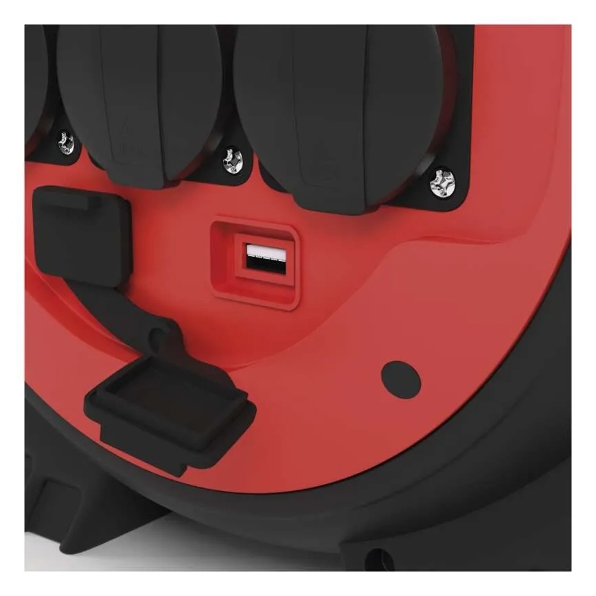 Удължителен кабел на макари 3 гнезда 20м червено/черно IP44