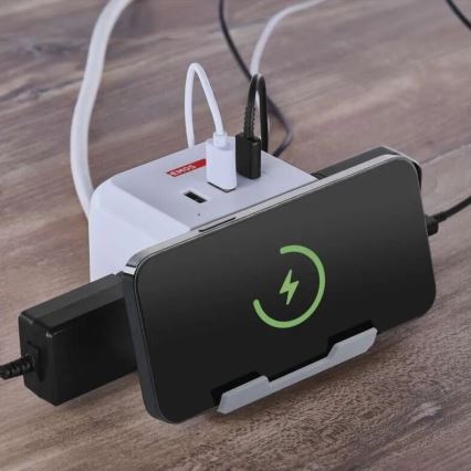 Удължител с безжично зареждане QI 2 гнезда + 2x USB-A + 1x USB-C, 2 м, бял