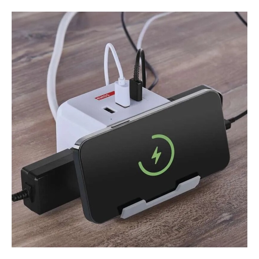 Удължител с безжично зареждане QI 2 гнезда + 2x USB-A + 1x USB-C, 2 м, бял