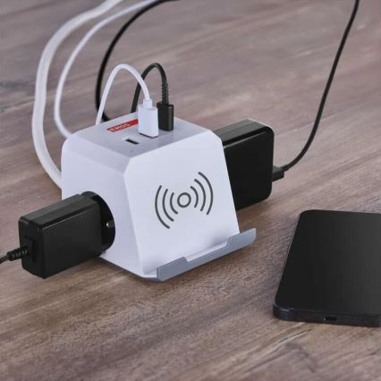 Удължител с безжично зареждане QI 2 гнезда + 2x USB-A + 1x USB-C, 2 м, бял