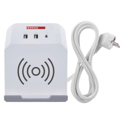 Удължител с безжично зареждане QI 2 гнезда + 2x USB-A + 1x USB-C, 2 м, бял