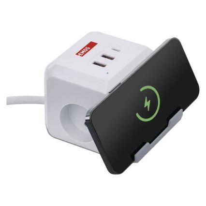 Удължител с безжично зареждане QI 2 гнезда + 2x USB-A + 1x USB-C, 2 м, бял