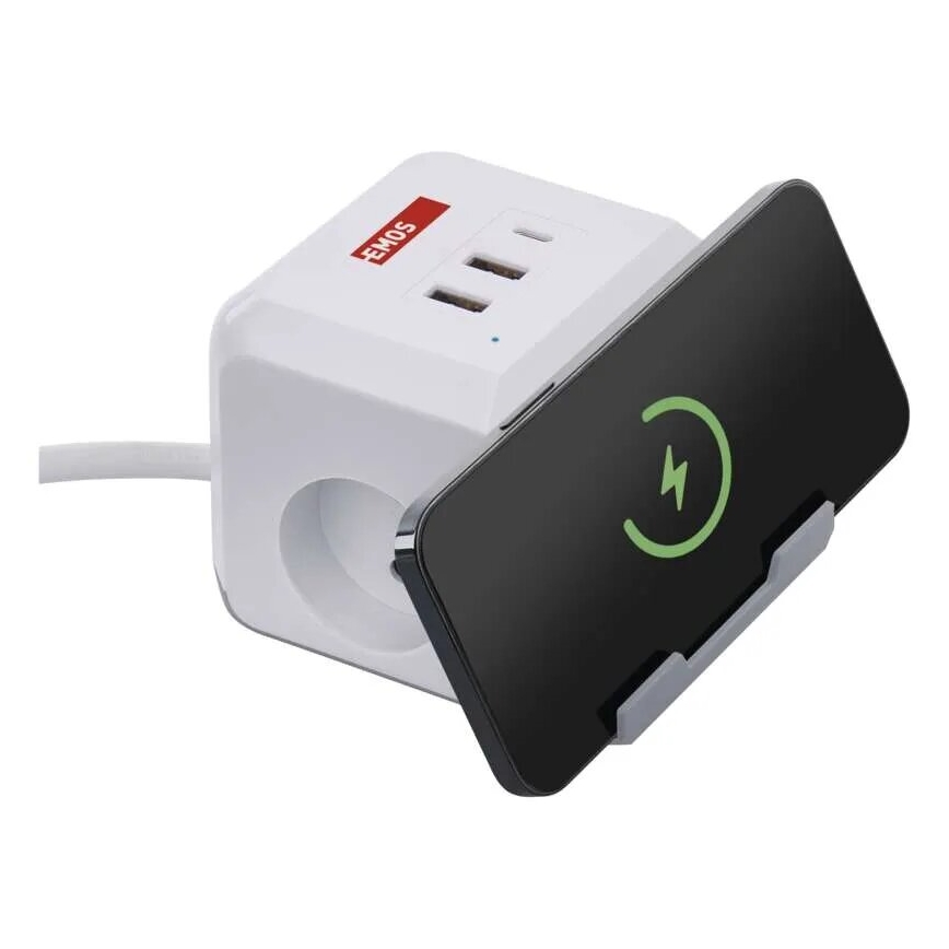 Удължител с безжично зареждане QI 2 гнезда + 2x USB-A + 1x USB-C, 2 м, бял