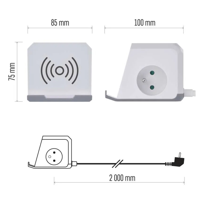 Удължител с безжично зареждане QI 2 гнезда + 2x USB-A + 1x USB-C, 2 м, бял