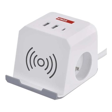 Удължител с безжично зареждане QI 2 гнезда + 2x USB-A + 1x USB-C, 2 м, бял