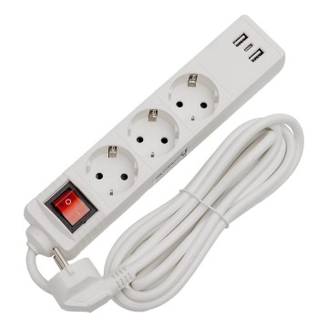 Удължител с ключ 3 гнезда + 2xUSB-A + 1xUSB-C 3m SCHUKO бял