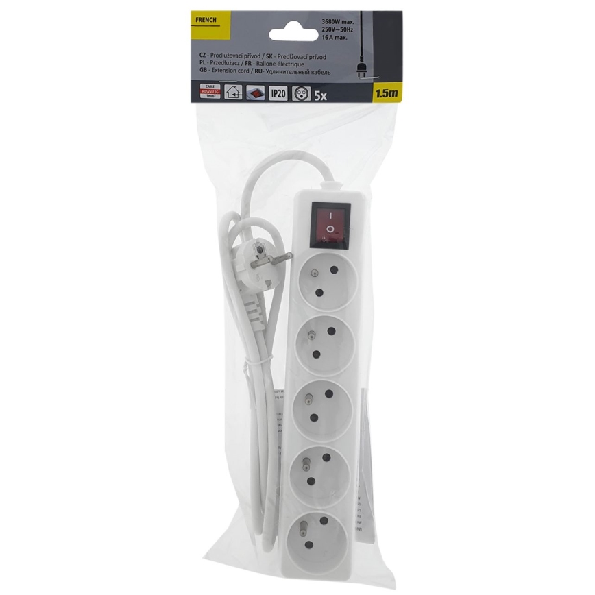 Удължителен кабел с ключ 5 гнезда 1,5 м