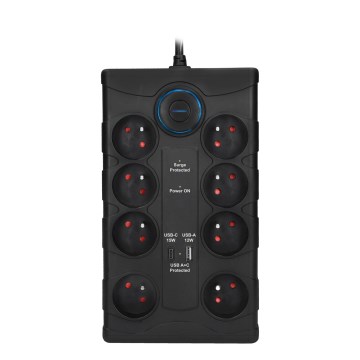 Удължител с ключ и защита от пренапрежение 8Z Тип E + 1xUSB-A + 1xUSB-C 2 m черен