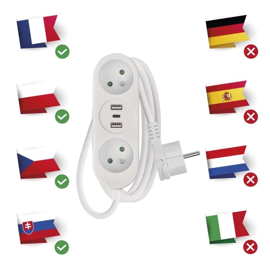 Удължителен кабел 2 гнезда + 2x USB-A + USB-C 1,4 м