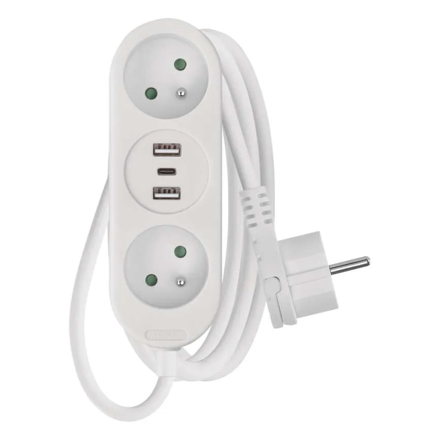 Удължителен кабел 2 гнезда + 2x USB-A + USB-C 1,4 м