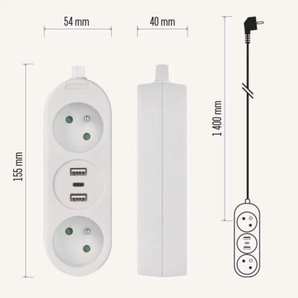 Удължителен кабел 2 гнезда + 2x USB-A + USB-C 1,4 м