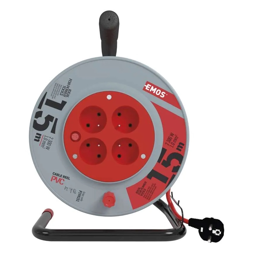 Удължителен кабел на макари 4 гнезда 15 м червено/сиво