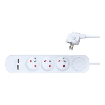 Удължителен кабел с ключ 3 гнезда + 2xUSB 2м бял