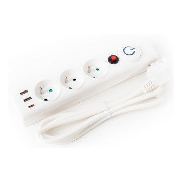 Удължителен кабел с ключ 3 гнезда Тип E + 2xUSB-A + 1xUSB-C 1,5м