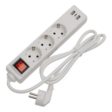Удължителен кабел с ключ, 3 гнезда + 2x USB-A + 1x USB-C, 1,5 m, SCHUKO, бял