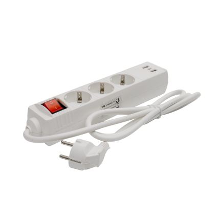 Удължителен кабел с ключ, 3 гнезда + 2x USB-A + 1x USB-C, 1,5 m, SCHUKO, бял