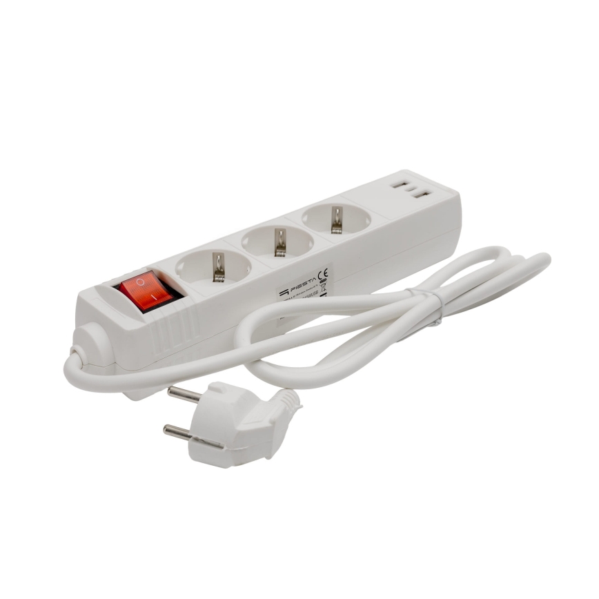 Удължителен кабел с ключ, 3 гнезда + 2x USB-A + 1x USB-C, 1,5 m, SCHUKO, бял
