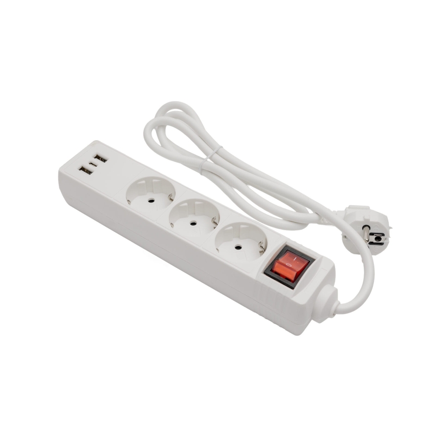Удължителен кабел с ключ, 3 гнезда + 2x USB-A + 1x USB-C, 1,5 m, SCHUKO, бял
