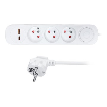 Удължителен кабел с ключ, 3 гнезда и USB A+C за зареждане, 5 m