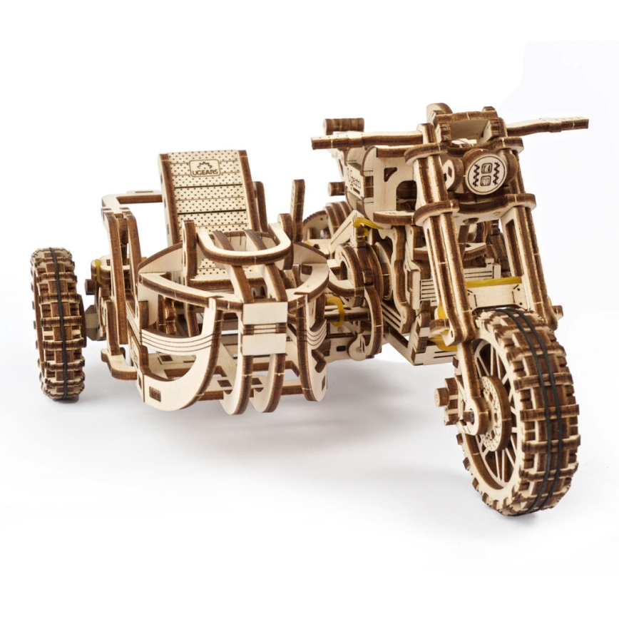 Ugears - 3D дървен механичен пъзел Мотоциклет Scrambler с кош