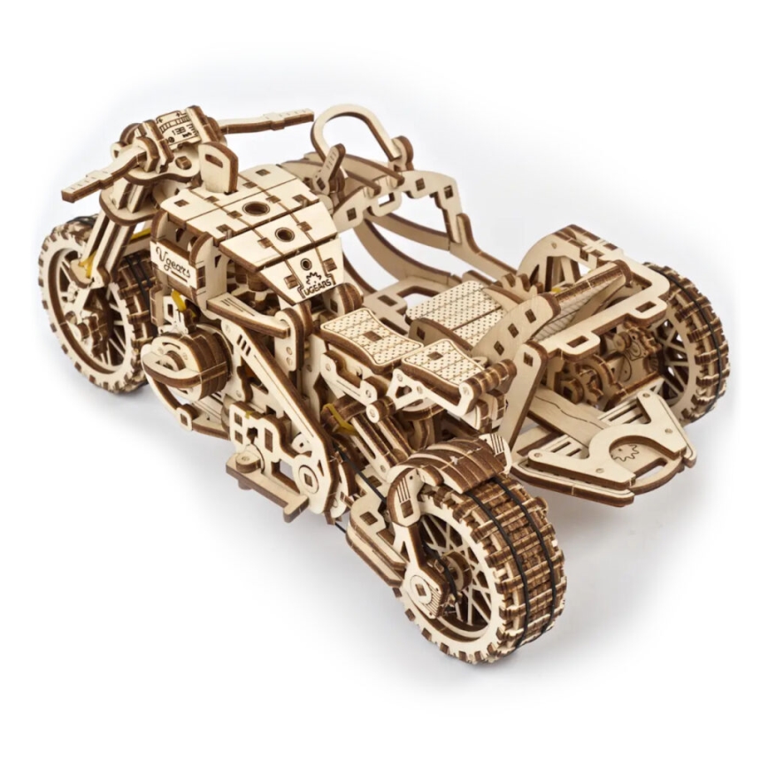 Ugears - 3D дървен механичен пъзел Мотоциклет Scrambler с кош