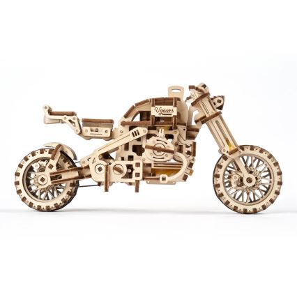 Ugears - 3D дървен механичен пъзел Мотоциклет Scrambler с кош