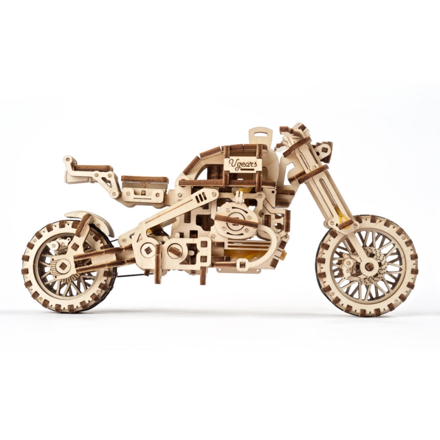 Ugears - 3D дървен механичен пъзел Мотоциклет Scrambler с кош