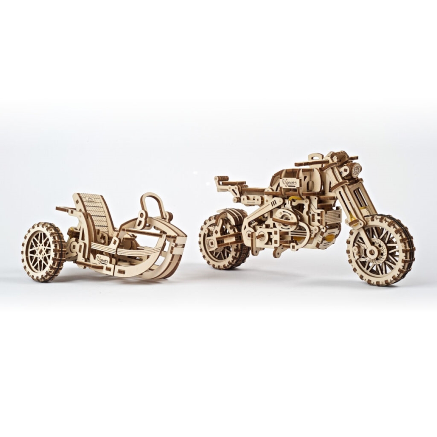 Ugears - 3D дървен механичен пъзел Мотоциклет Scrambler с кош