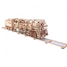 Ugears - 3D дървен механичен пъзел Парен локомотив с ремарке