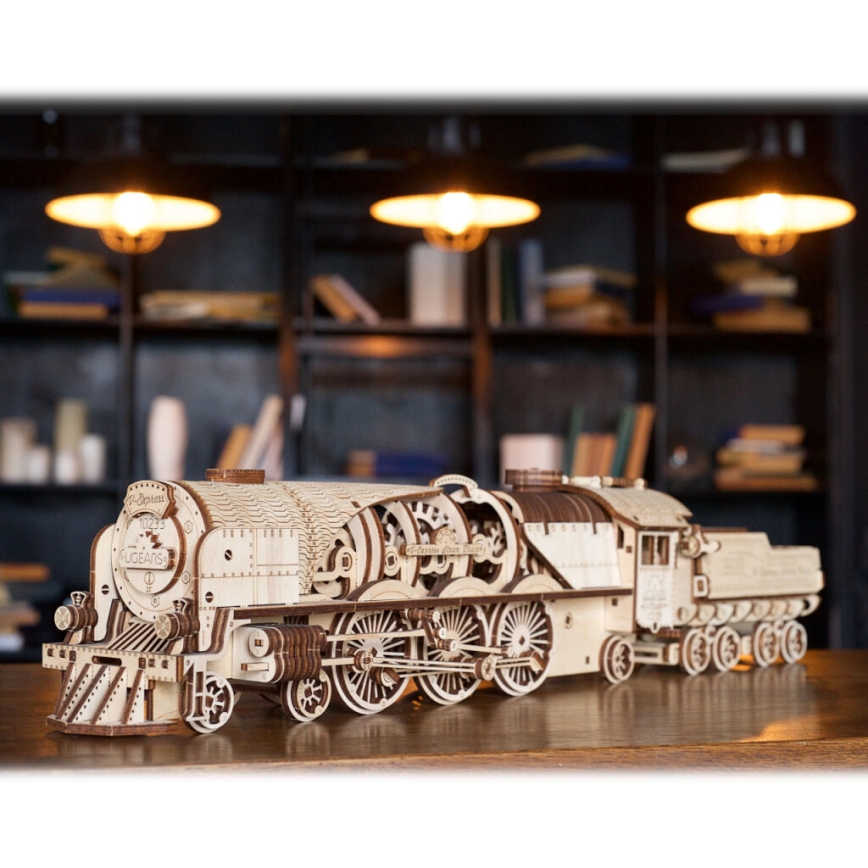 Ugears - 3D дървен механичен пъзел V-Express парен локомотив с тендер