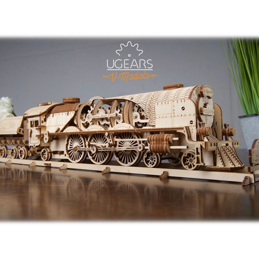 Ugears - 3D дървен механичен пъзел V-Express парен локомотив с тендер