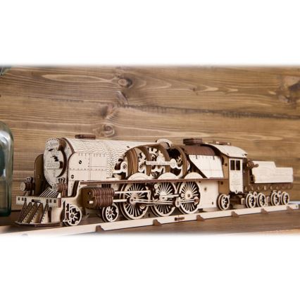 Ugears - 3D дървен механичен пъзел V-Express парен локомотив с тендер