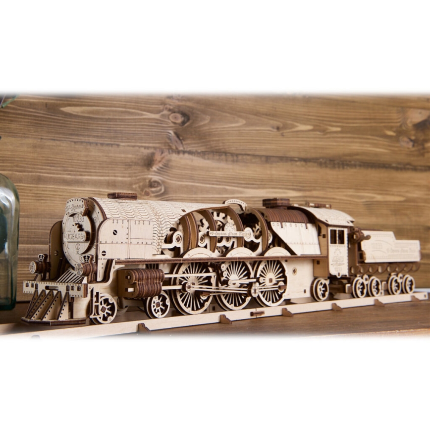 Ugears - 3D дървен механичен пъзел V-Express парен локомотив с тендер
