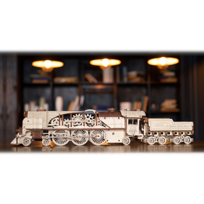 Ugears - 3D дървен механичен пъзел V-Express парен локомотив с тендер