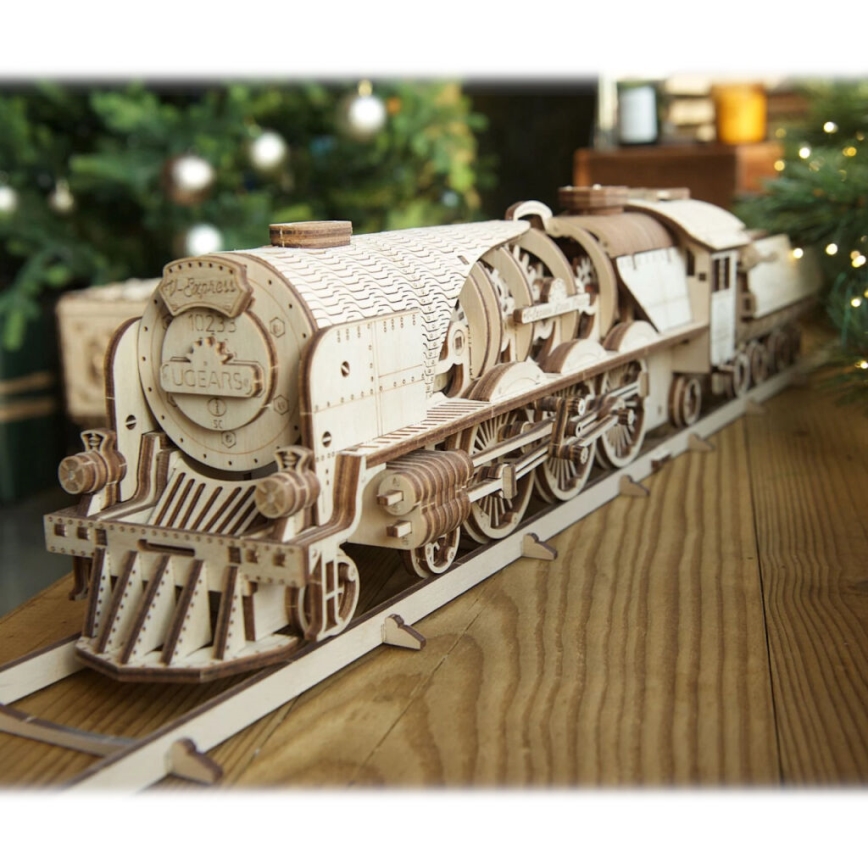 Ugears - 3D дървен механичен пъзел V-Express парен локомотив с тендер