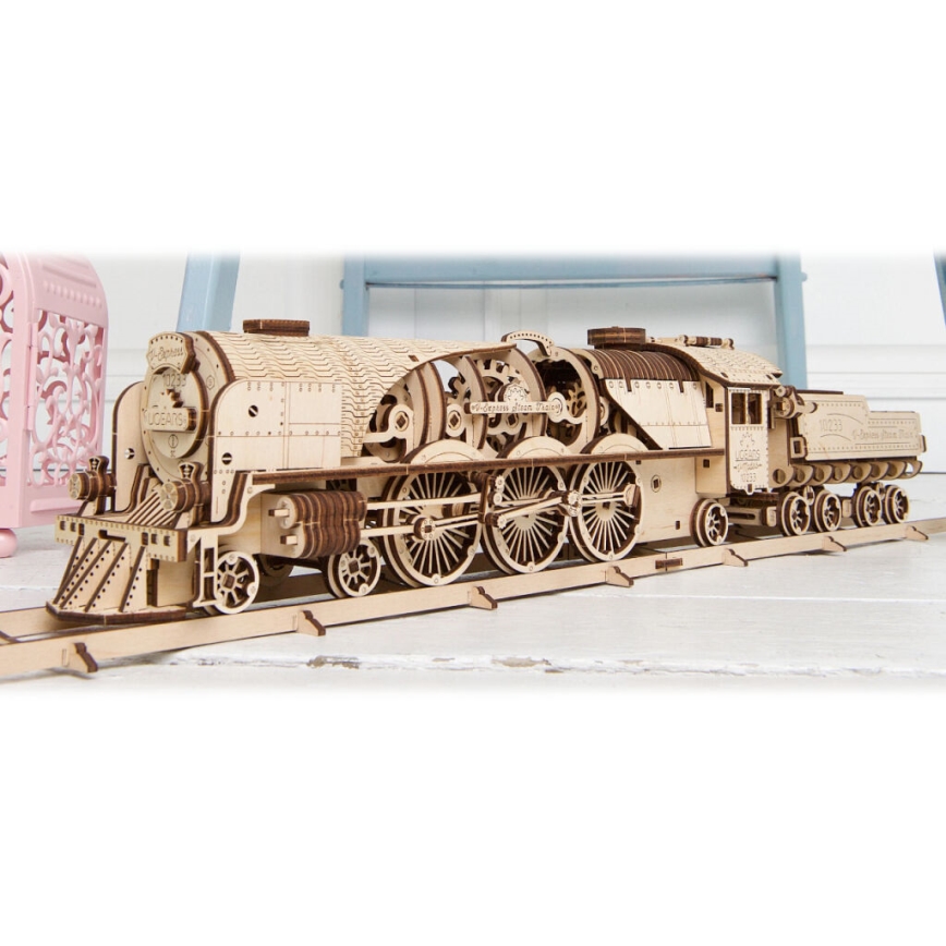 Ugears - 3D дървен механичен пъзел V-Express парен локомотив с тендер