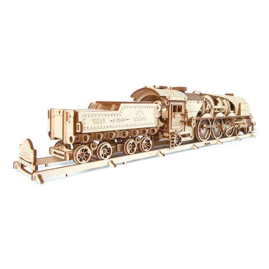 Ugears - 3D дървен механичен пъзел V-Express парен локомотив с тендер