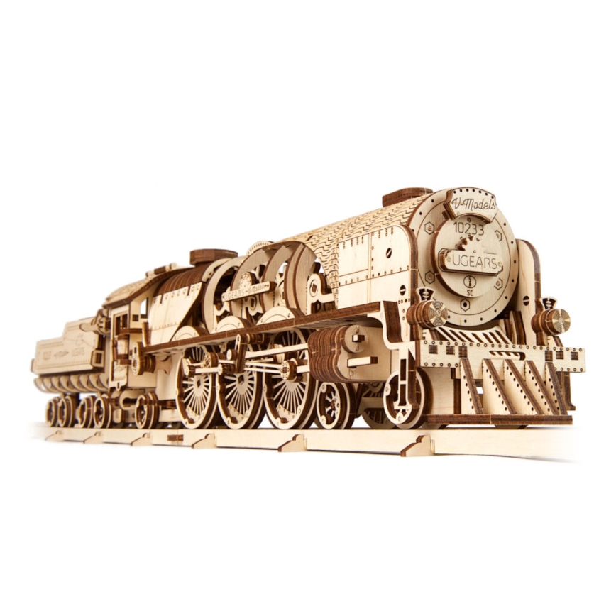 Ugears - 3D дървен механичен пъзел V-Express парен локомотив с тендер