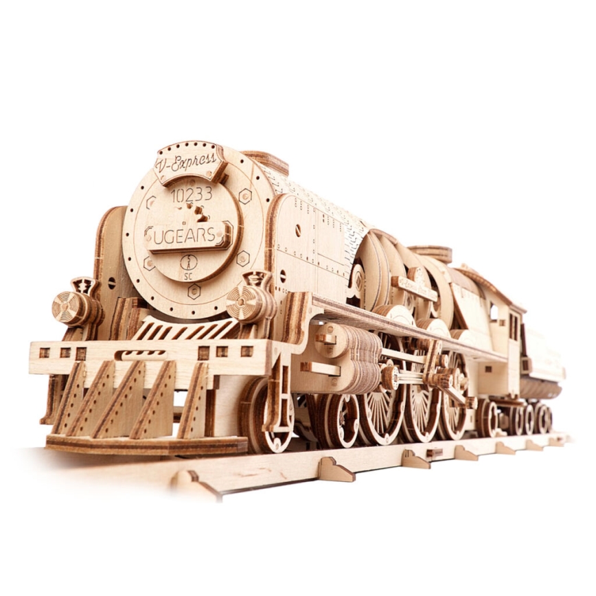 Ugears - 3D дървен механичен пъзел V-Express парен локомотив с тендер